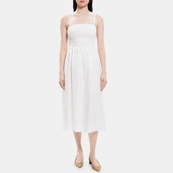 Theory Smocked Cotton Poplin Midi Dress in White Size Large L - Picture 2 of 3